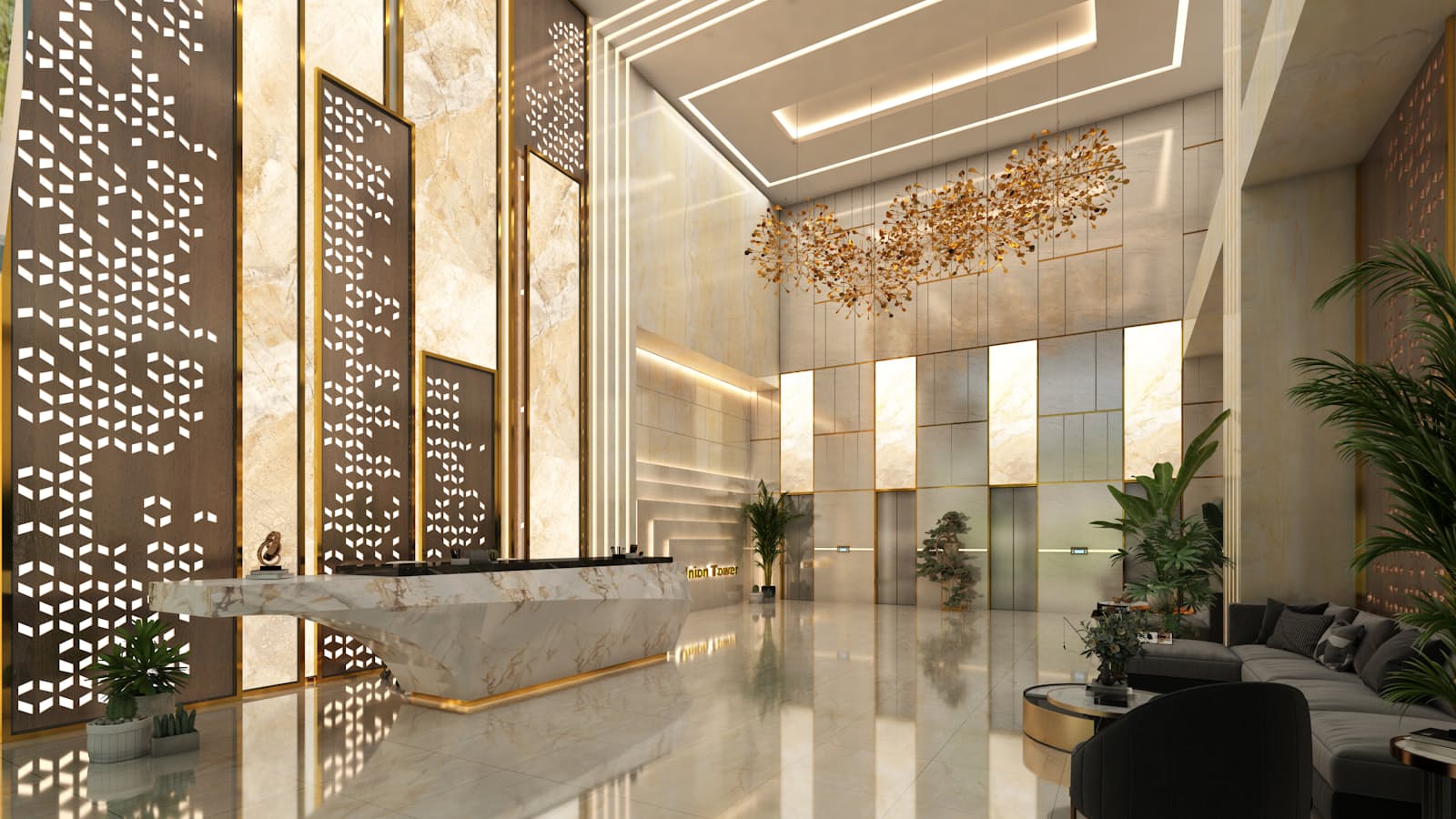 A building lobby with a stone reception counter, decorative screens, seating and planters on a polished reflective floor